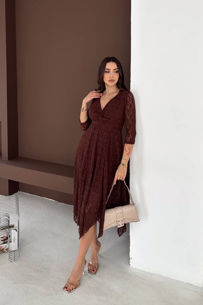 Mode Roy Elegant Brown Wrap Dress With V Neck & 3/4 Sleeves Wholesale Clothing Cocktail