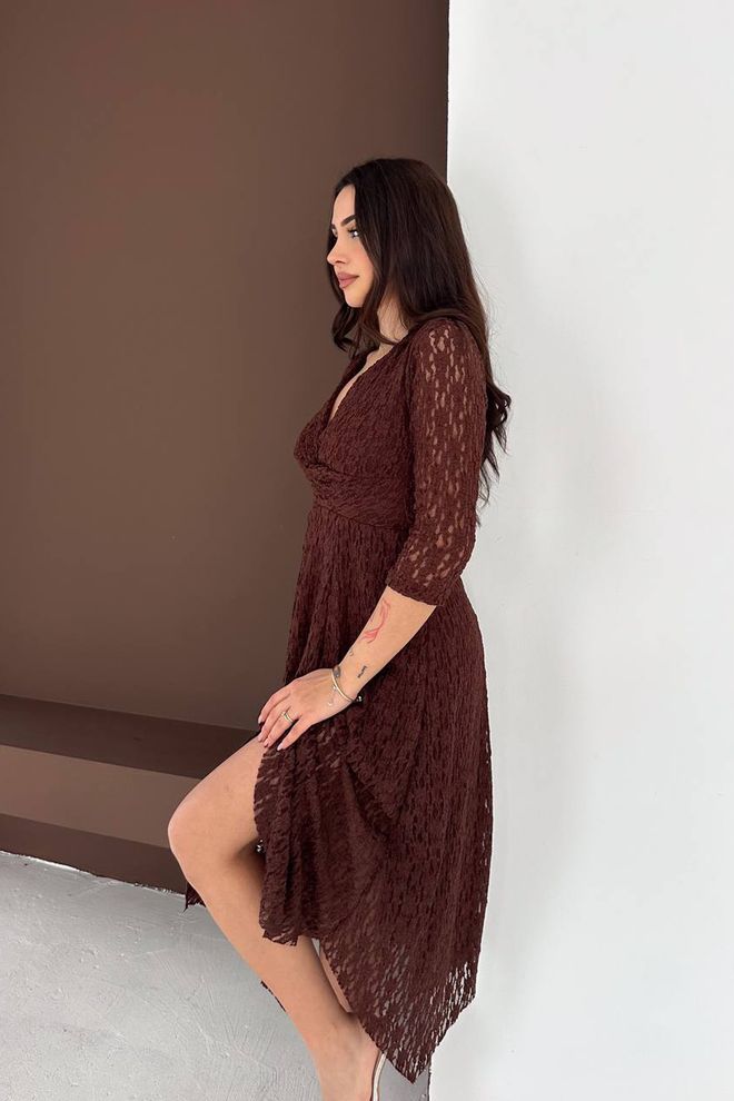 Mode Roy Elegant Brown Wrap Dress With V Neck & 3/4 Sleeves Wholesale Clothing 1