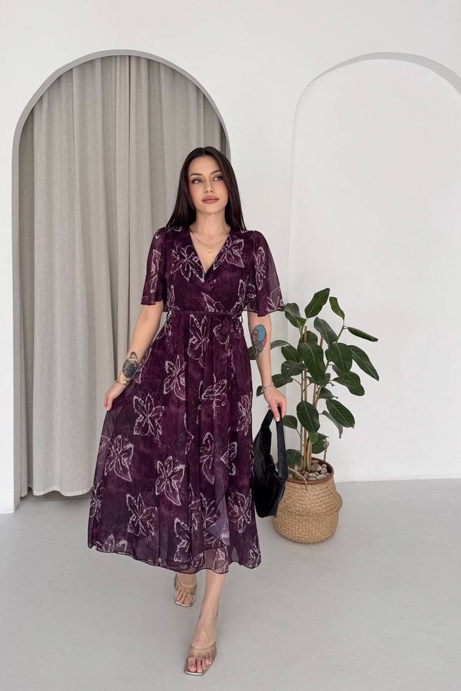 Mode Roy Ljubičasta Elegantna Haljina Na Preklop S V izrezom I Cvjetnim Uzorkom Veleprodaja odjeće Ležerni