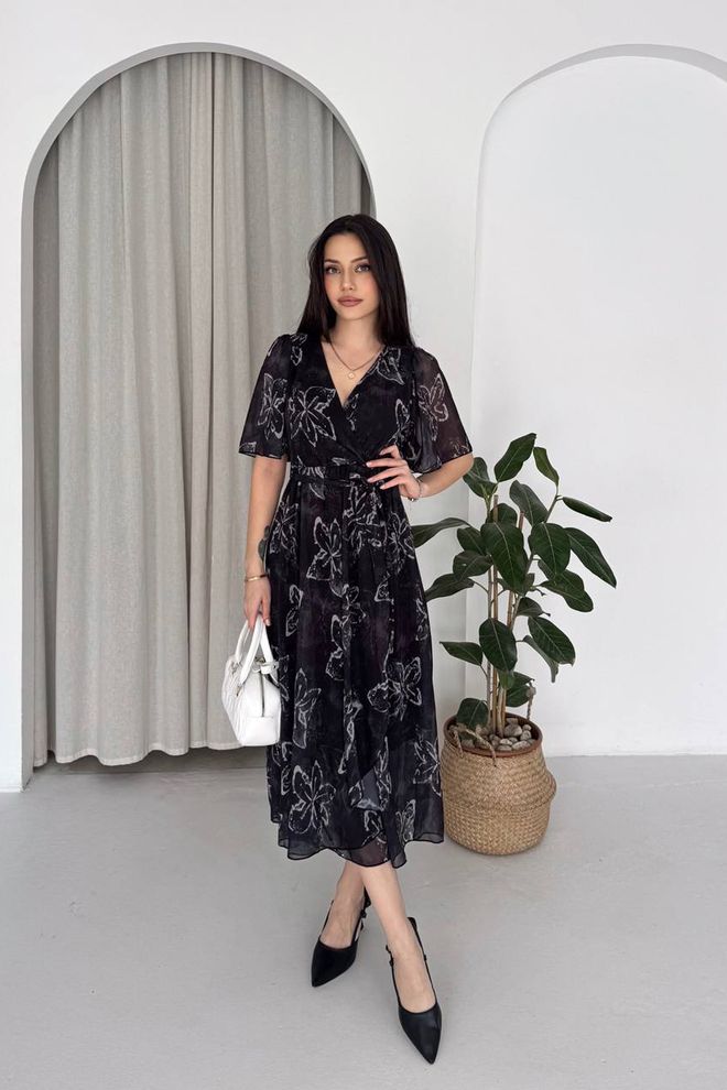 Mode Roy Elegantan Crni Midi Haljina Na Preklop S Uzorkom Leptira Veleprodaja odjeće Ležerni