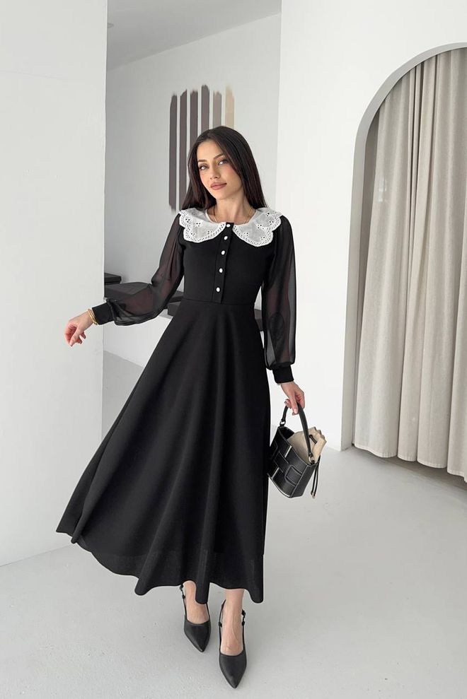 Mode Roy Elegantna Crna Haljina A Kroja S Dugim Rukavima Veleprodaja odjeće Skroman