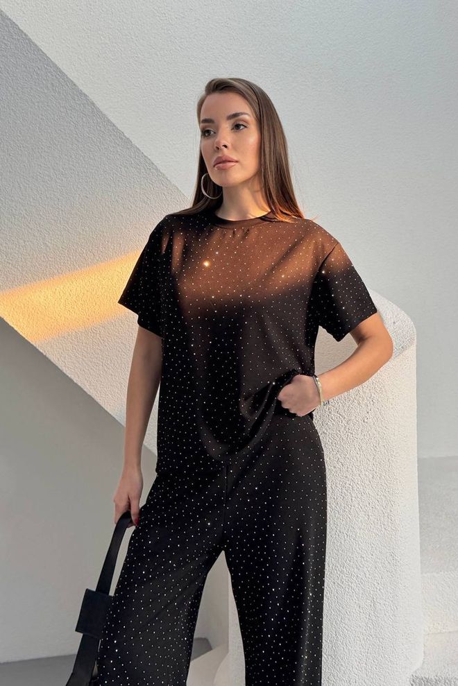 Mode Roy Schwarz Pailletten Palazzo Set Großhandelskleidung Lässig