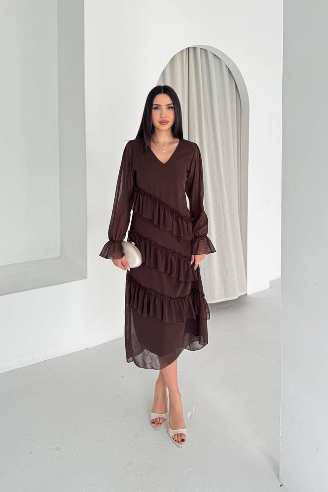 Mode Roy Elegant Brown Sheath Dress With V Neck And Long Sleeves Wholesale Clothing Modest