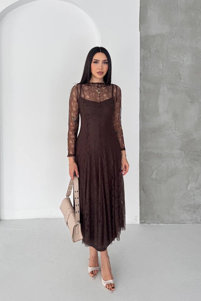 Mode Roy Elegant Brown Slip Dress With Long Sleeves Wholesale Clothing Sexy