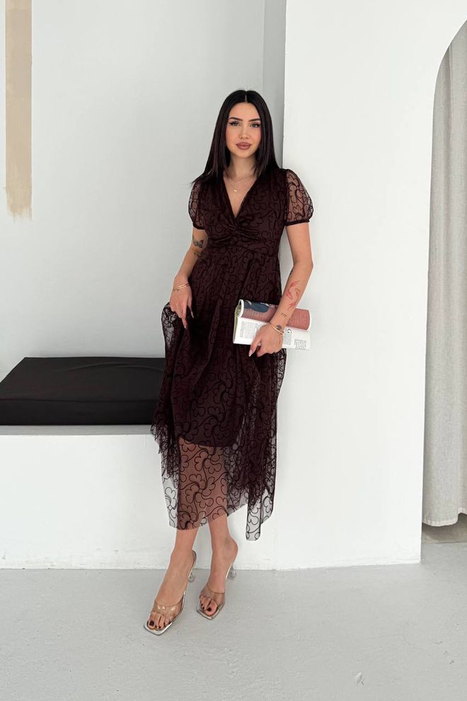 Mode Roy Елегантна Бордо Хаљина Fit And Flare Са Пуф Рукавима И V изрезом Велепродаја одеће Винтаге