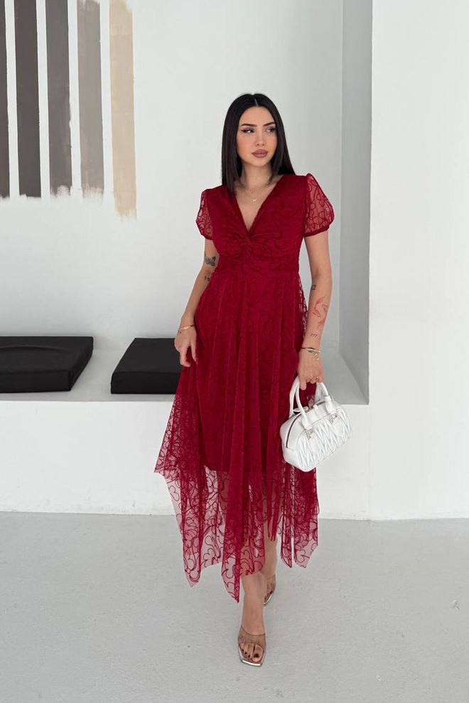 Mode Roy Elegant Red Midi A Line Dress With Puff Sleeves Wholesale Clothing Casual