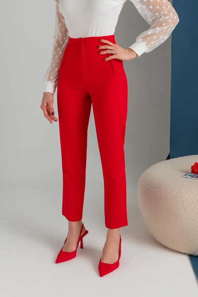 A model wears MRO10185 - Pleated Office Trousers Qns047 - - Red, wholesale Pants of Mode Roy to display at Lonca