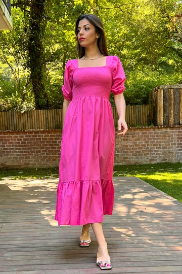 Модел на дрехи на едро носи  Лятна Дълга Рокля Gipele С Квадратно Деколте - Фуксия
, турски едро рокля на Mode Roy