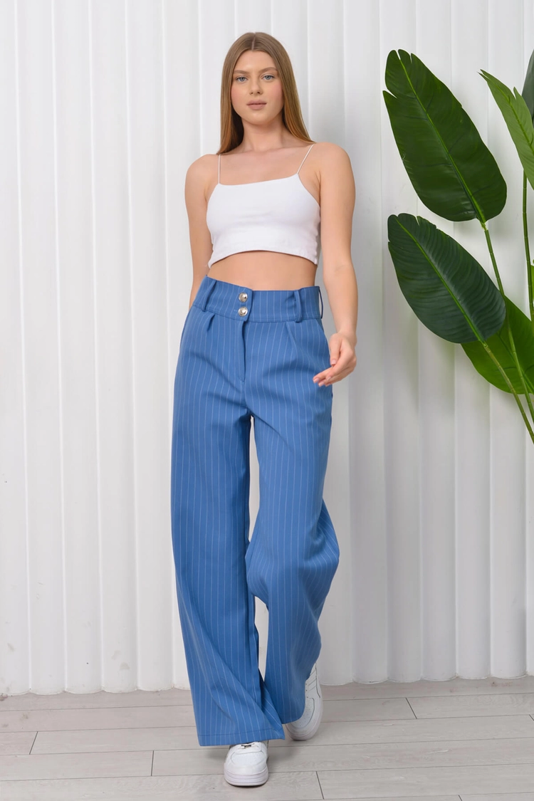 A model wears MRO10234 - Striped Palazzo Trousers Tngr01 - - Indigo, wholesale Pants of Mode Roy to display at Lonca