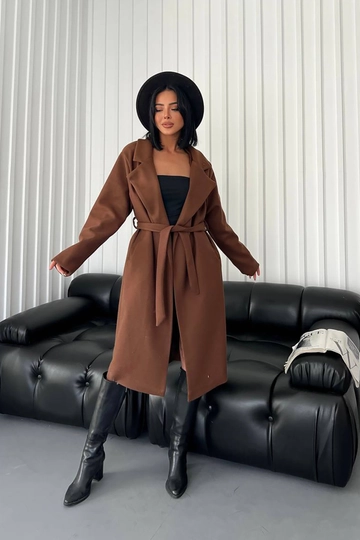 A wholesale clothing model wears  Bella Belted Cashmere Coat Gts026 - - Camel
, Turkish wholesale Coat of Mode Roy