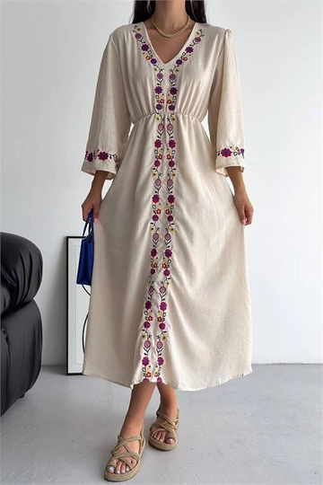A wholesale clothing model wears  V-Neck Embroidered Summer Dress - Beige
, Turkish wholesale Dress of Mode Roy