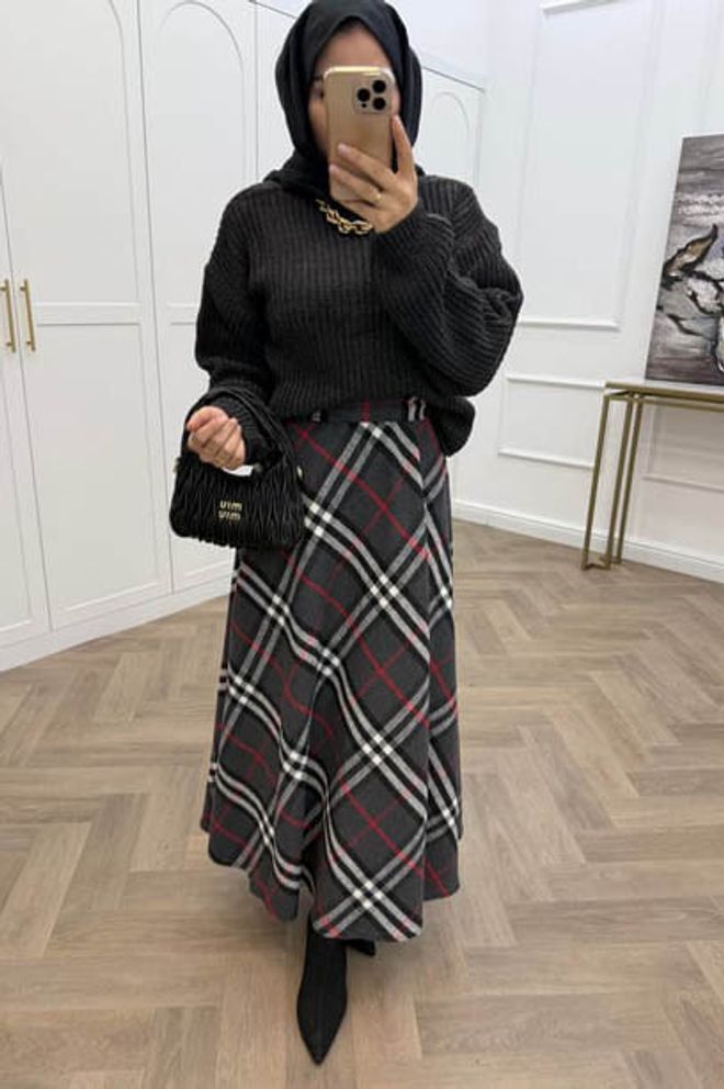 Mode Roy Schwarzer Karierter Ausgestellter Maxi Rock Mit Hoher Taille Großhandelskleidung Modest