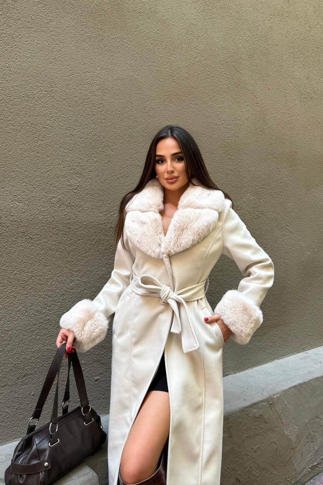 Mode Roy Béžový Elegantný Slim Fit Zavinovací Kožušinový Kabát Veľkoobchod s oblečením Vintage