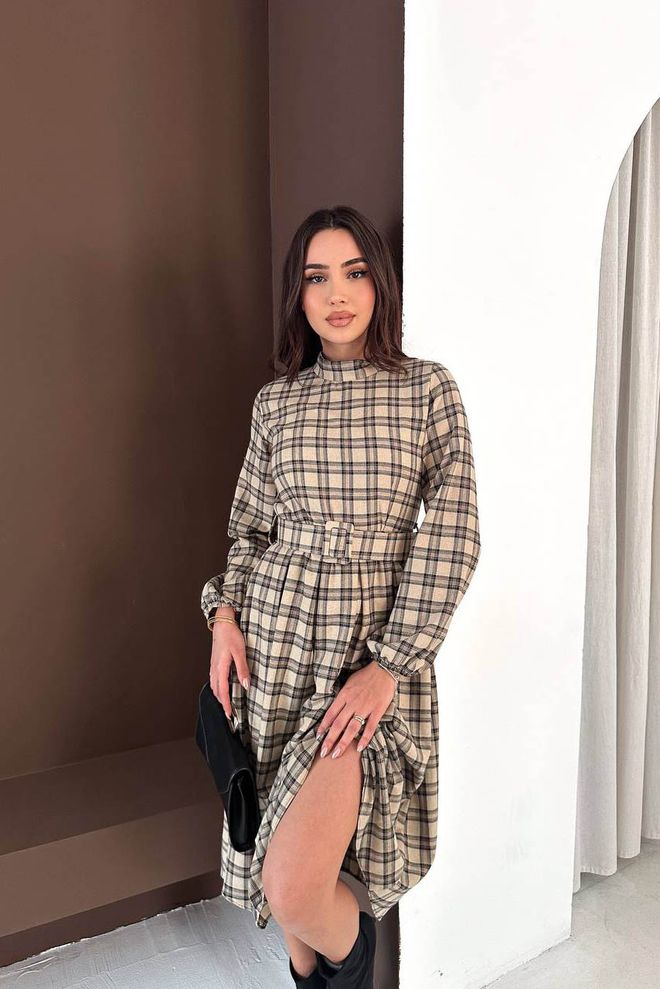 Mode Roy Beiges Karierte Fit And Flare Kleid Mit Hohem Kragen Großhandelskleidung Modest