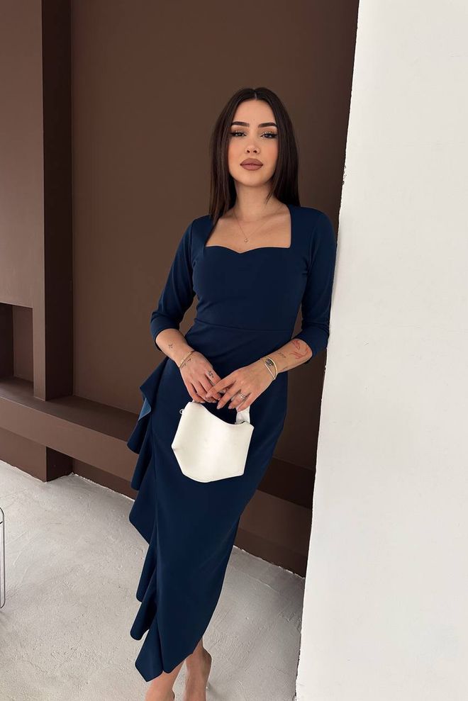 Mode Roy Vestito Elegante Blu Navy A Guaina Con Collo Quadrato Abbigliamento all'ingrosso Sexy