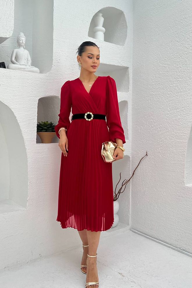 Mode Roy Елегантна Червена Рокля С Плисирани Дълги Ръкави Дрехи на едро Скромна мода