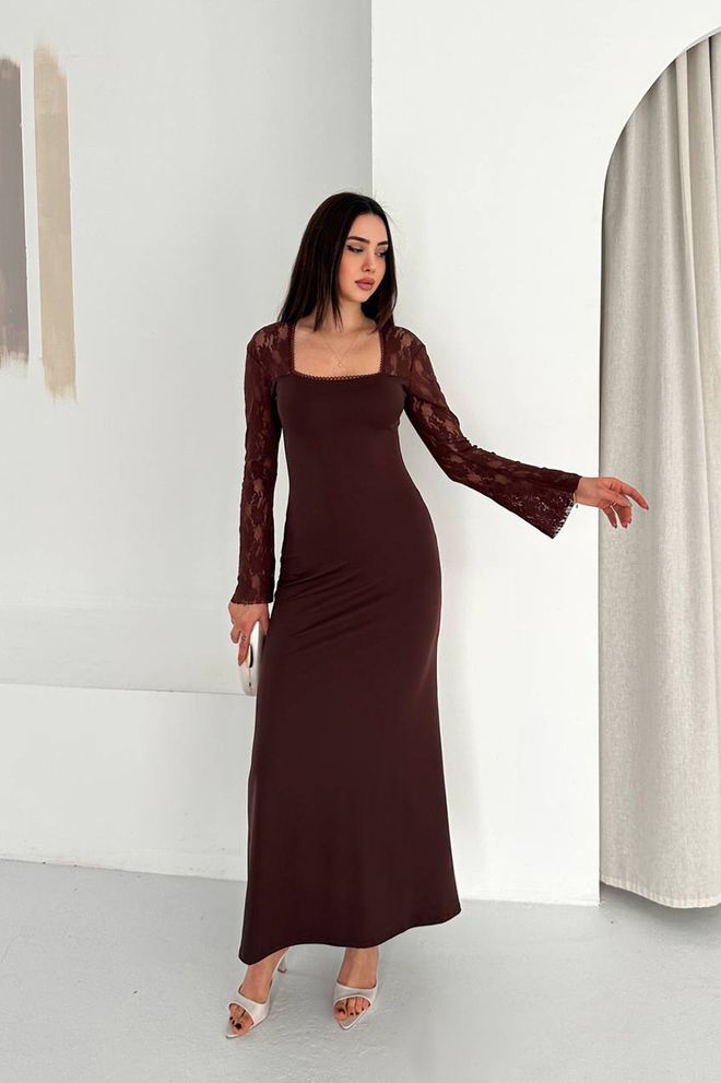 Mode Roy Vestito Marrone Elegante A Guaina Con Collo Quadrato Abbigliamento all'ingrosso Sexy