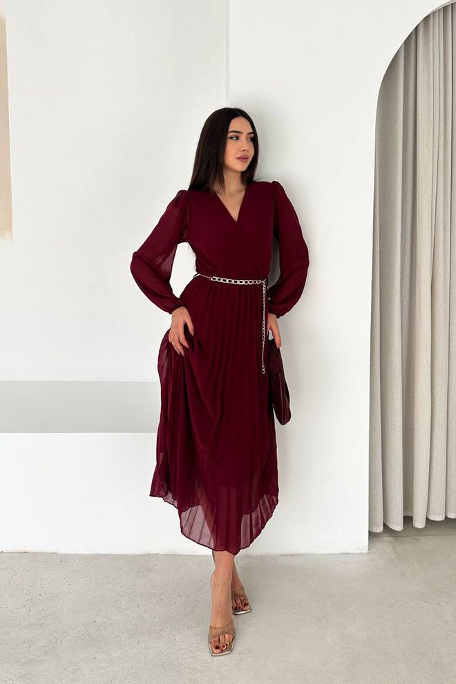 Mode Roy Бордо Рокля С Премятане И V образно Деколте Елегантна Миди Дрехи на едро Скромна мода