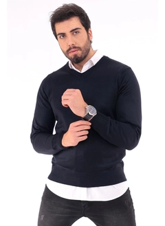 Модель оптовой продажи одежды носит 37233 - Men V Neck Sweater, турецкий оптовый товар Свитер от Mode Roy.