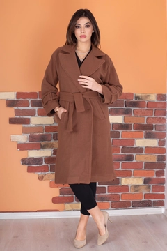 A wholesale clothing model wears 40181 - Taba Belted Button Detailed Cachet Coat, Turkish wholesale Coat of Mode Roy