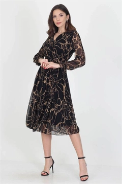 A wholesale clothing model wears 40835 - Lined New Season Double Breasted Neck Midi Length Chiffon Dress, Turkish wholesale Dress of Mode Roy