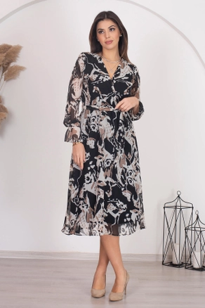 A model wears 40839 - Tie Detail Double Breasted Collar Patterned Chiffon Dress, wholesale undefined of Mode Roy to display at Lonca