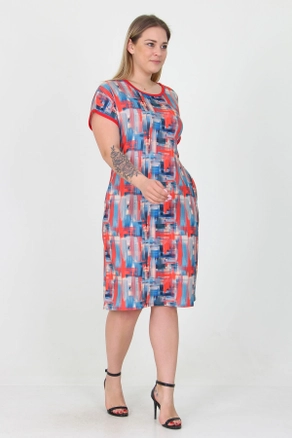 A model wears MRO10031 - Red Patterned Plus Size Viscose Dress, wholesale undefined of Mode Roy to display at Lonca