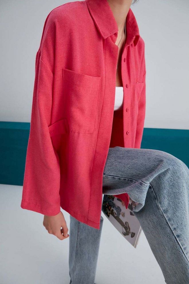 My Fashion Chemise En Lin À Double Poche Fuchsia Vêtements en gros Lin