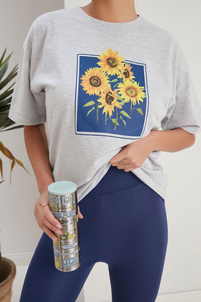 My Fashion Μπλουζάκι Five Daisy Print Oversize Γκρι Χονδρικό εμπόριο ενδυμάτων Casual