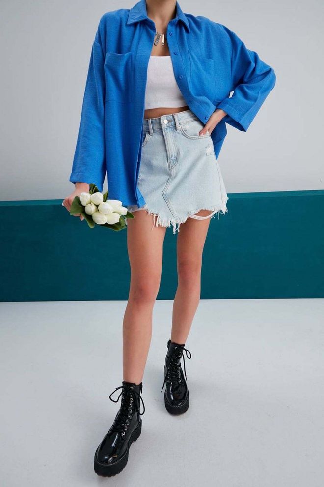 My Fashion Chemise En Lin À Double Poche Saks Vêtements en gros Décontracté