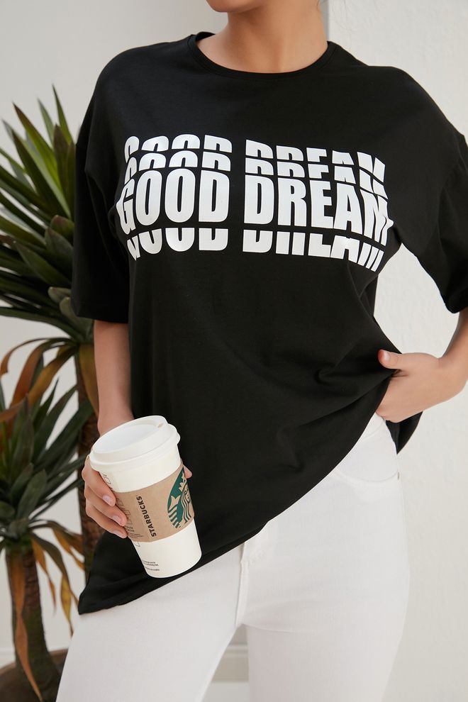 My Fashion Μπλουζάκι Good Dream Print Μαύρο Χονδρικό εμπόριο ενδυμάτων Casual