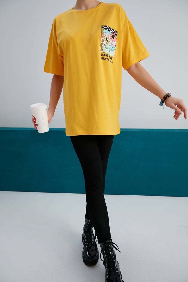 My Fashion T Shirt Mit Gänseblümchen Print – Gelb Großhandelskleidung Lässig