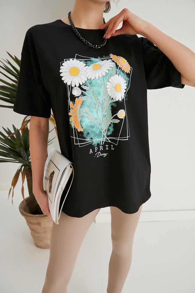 My Fashion Μπλουζάκι Garden Print Μαύρο Χονδρικό εμπόριο ενδυμάτων Casual