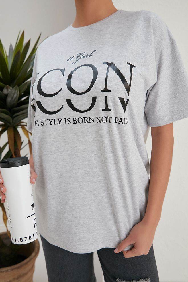 My Fashion Icon Print T shirt Γκρι Χονδρικό εμπόριο ενδυμάτων Casual