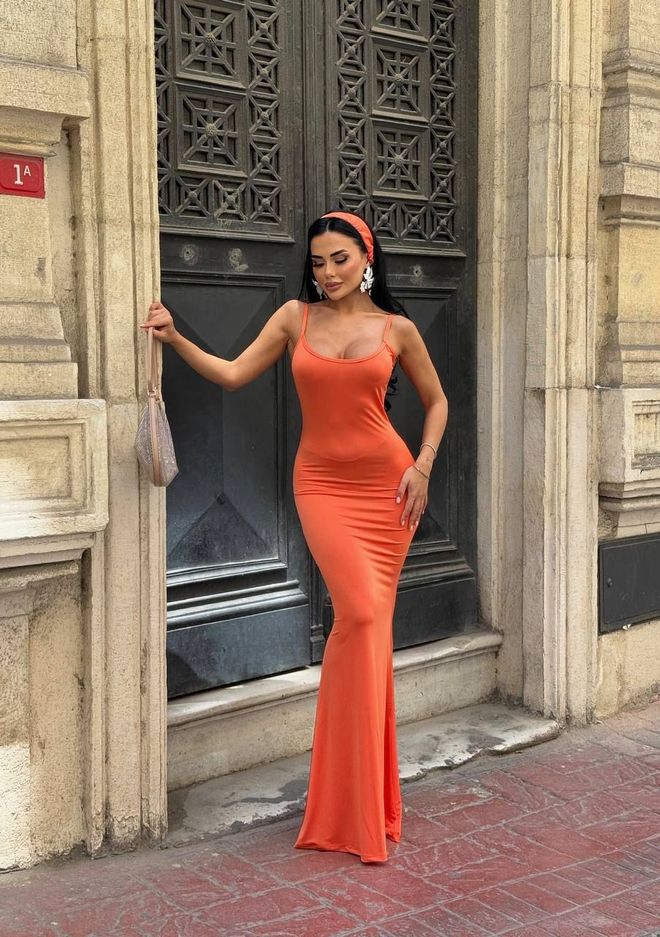 My Jest Fashion Vestido Bodycon Laranja Sexy Com Comprimento Até Ao Chão Roupas por atacado Sensual