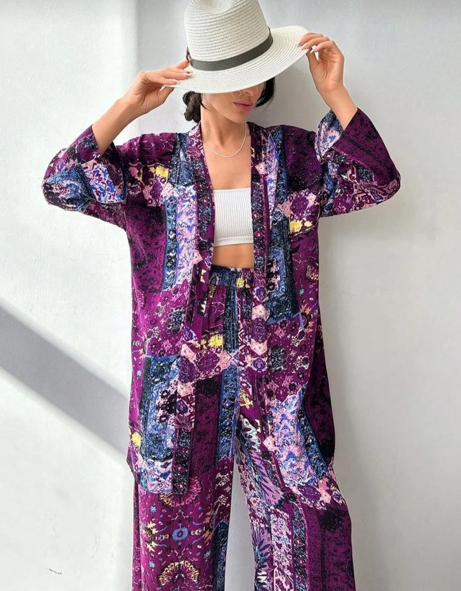 My Jest Fashion Paarse Elegante Kimono Met Bloemen Patchwork Ontwerp Groothandel Kleding Casual