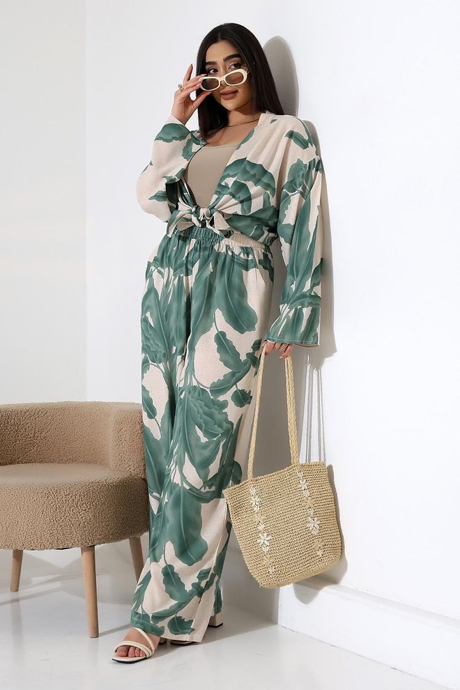 My Jest Fashion Πράσινο Κιμονό Με Μακριά Μανίκια Λουλουδάτο Και Κλείσιμο Με Γραβάτα Χονδρικό εμπόριο ενδυμάτων Casual