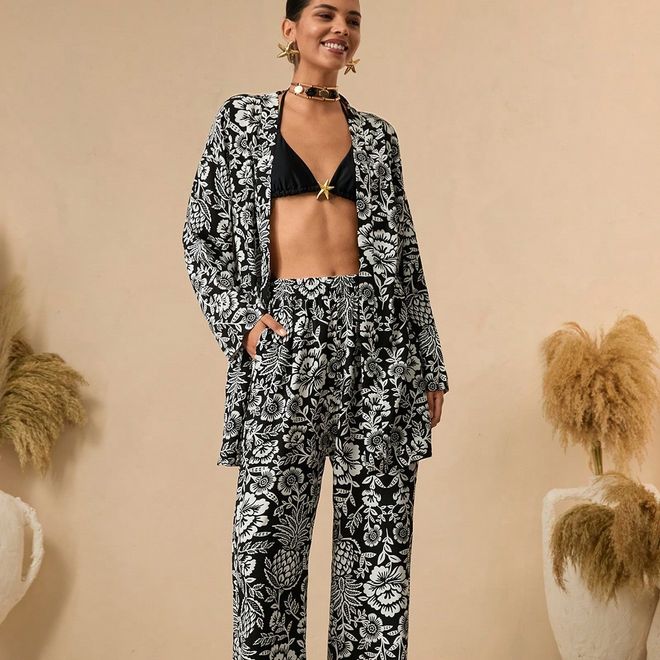 My Jest Fashion Zwarte Kimono Met Bloemenpatroon En Halternek Groothandel Kleding Casual