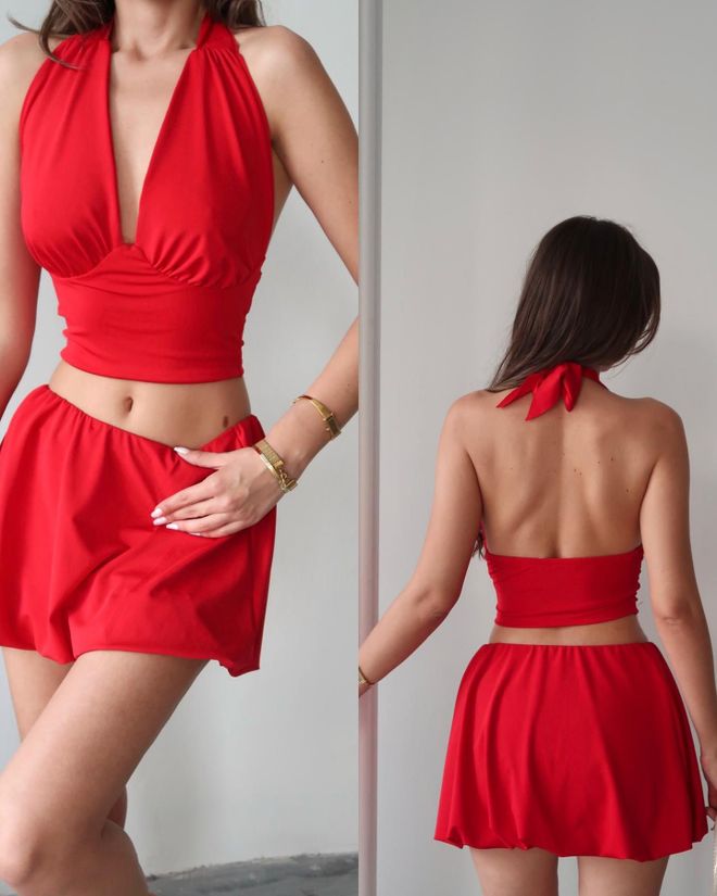 My Jest Fashion Σετ Κόκκινο Sexy Slim Fit Με Λαιμόκοψη Halter Χονδρικό εμπόριο ενδυμάτων Casual