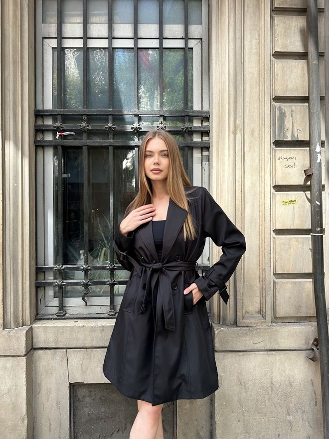 My Jest Fashion Κομψό Μαύρο Καπαρντίνα Διπλό Breasted Wrapover Χονδρικό εμπόριο ενδυμάτων Casual