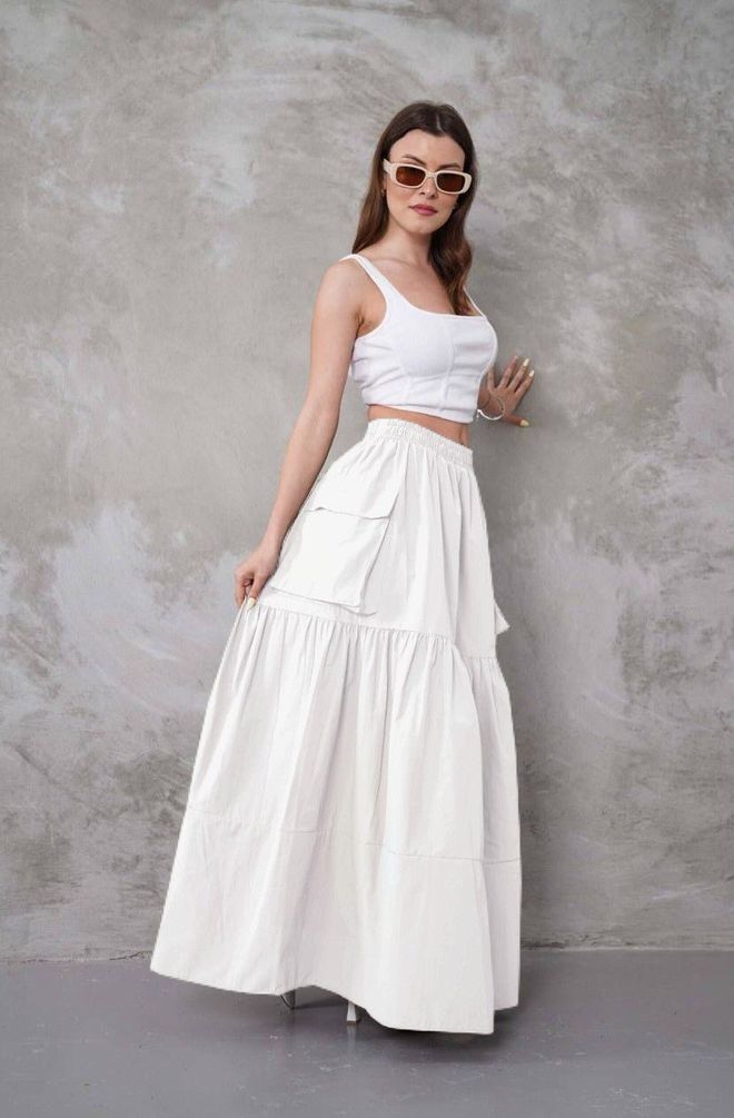 My Jest Fashion Gonna Maxi Bianca Elegante A Strati Con Tasca Con Patta Abbigliamento all'ingrosso Modesto