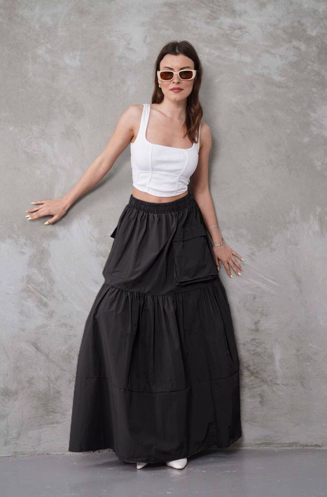 My Jest Fashion Gonna Maxi Nera A Strati Con Tasche Con Patta Abbigliamento all'ingrosso Casuale