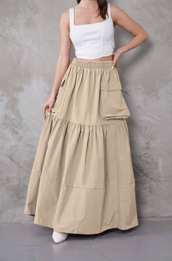 My Jest Fashion Gonna Beige Maxi A Strati Con Tasche Con Patta Abbigliamento all'ingrosso Modesto