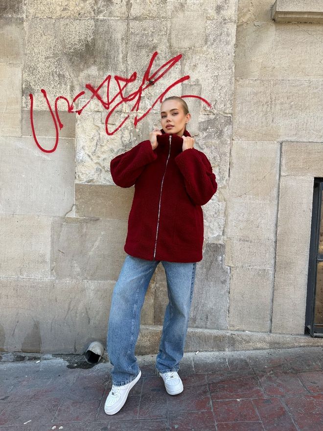 My Jest Fashion Blouson Teddy Rouge Bordeaux Grande Taille Vêtements en gros Modeste