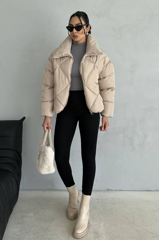 My Jest Fashion Blouson Bouffante Beige Col Haut Et Coupe Grande Taille Vêtements en gros Décontracté