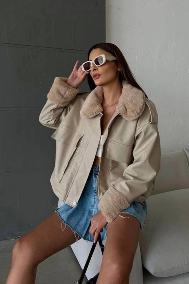 My Jest Fashion Beige Bomber Jacket Oversized Fit With Notched Collar Wholesale Clothing Spring