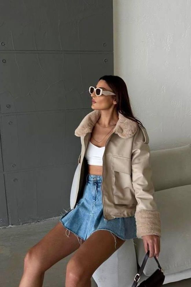 My Jest Fashion Beige Bomber Jacket Oversized Fit With Notched Collar Wholesale Clothing 1