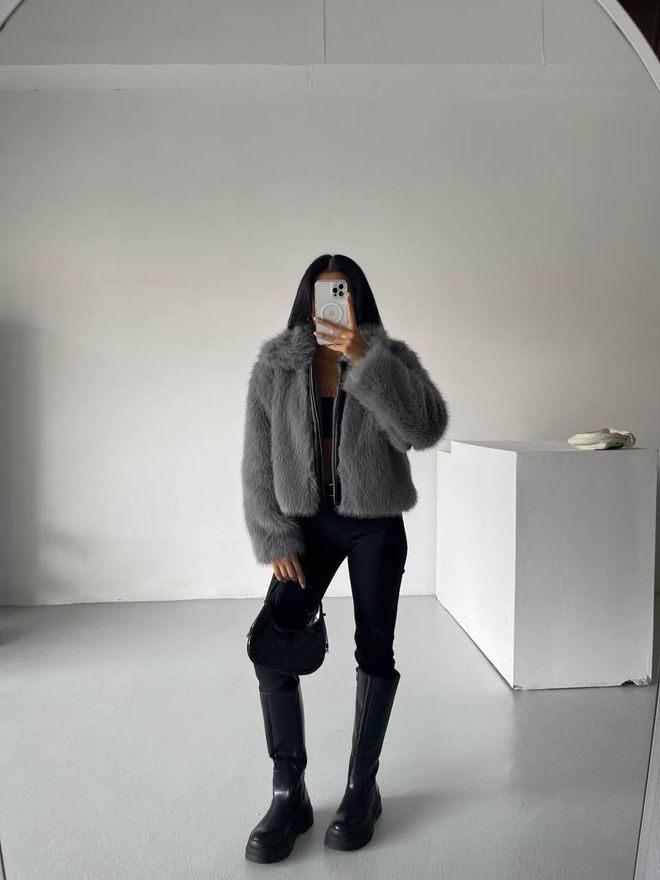 My Jest Fashion سترة فرو أنيقة لامعة باللون الرمادي ملابس بالجملة غير رسمي