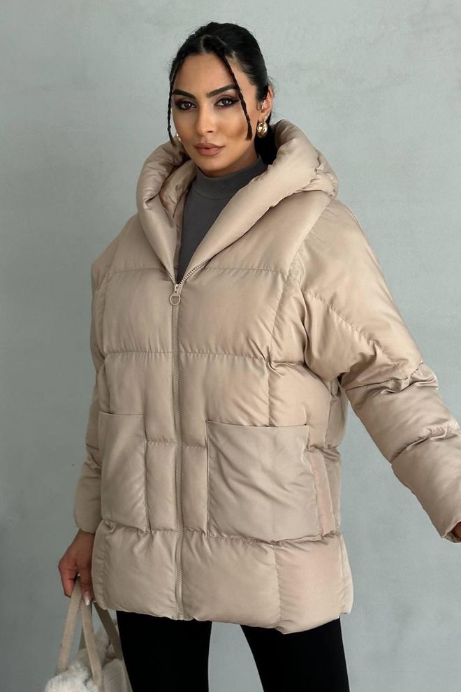 My Jest Fashion Μπεζ Φουσκωτό Τζάκετ Με Γιακά Με Κουκούλα Χονδρικό εμπόριο ενδυμάτων Απλό
