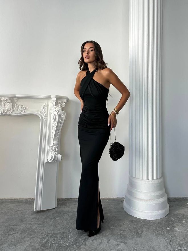 My Jest Fashion Vestito Nero Elegante A Guaina Con Scollo All'americana Abbigliamento all'ingrosso Sexy